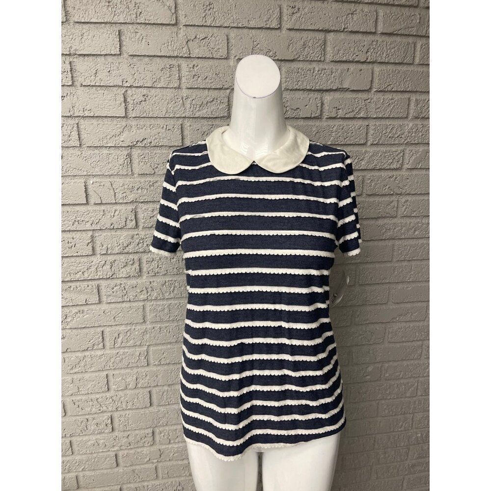 Anthropologie Maison Jules Women Blue /White Stripe Scallop Top Size M NWT